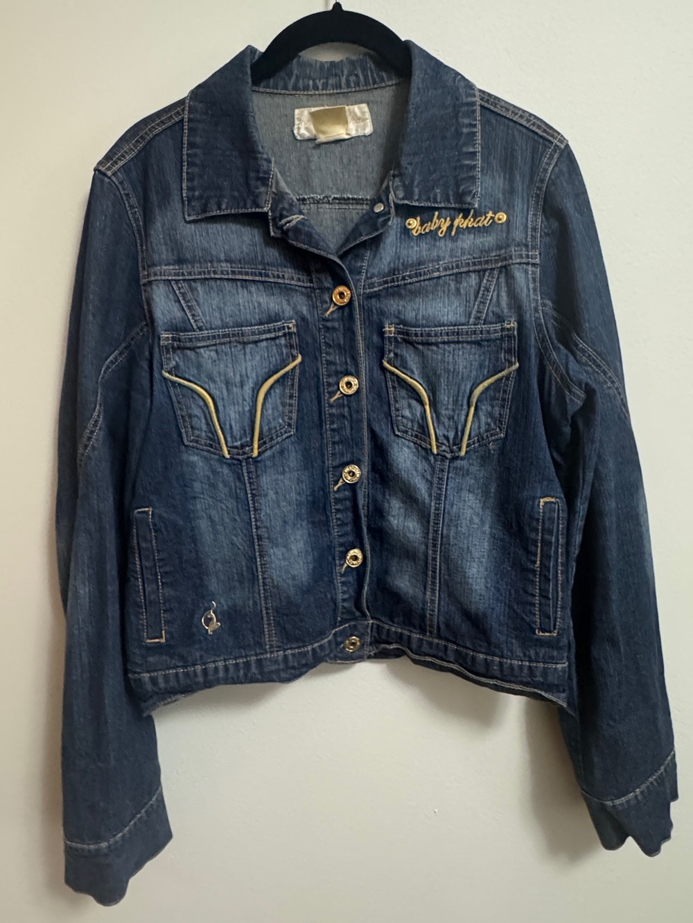 Vintage Y2K Baby Phat Women's Blue Jean Jacket Gold Embroidered Cat Logo